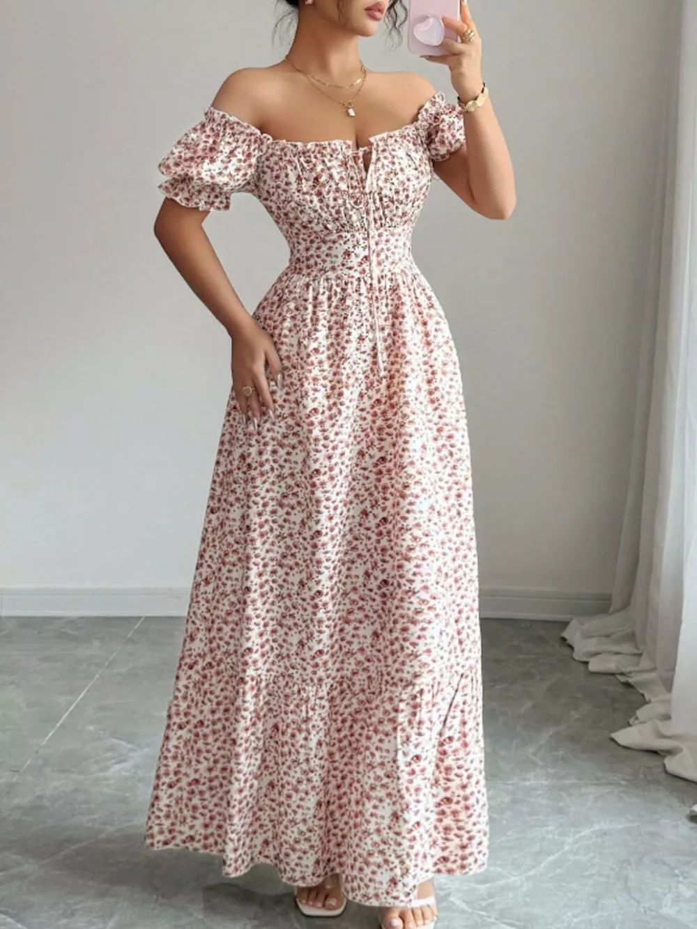 Floral Print Puff Sleeve Maxi Dress, image 2