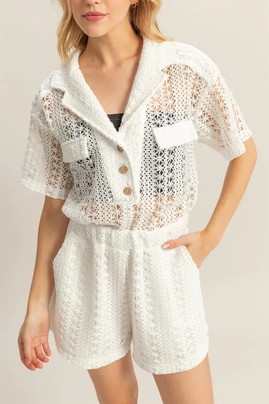 Crochet Button Front Short Sleeve Romper, image 4