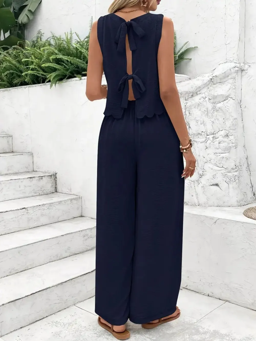 Tie Back Round Neck Top and Pants Set, image 9