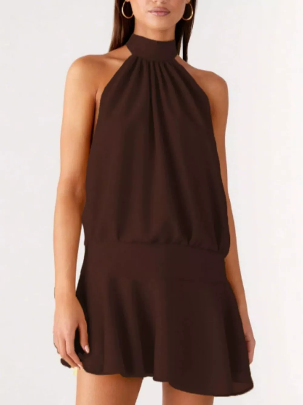Backless Halter Neck Gathered Waist Dress, image 4