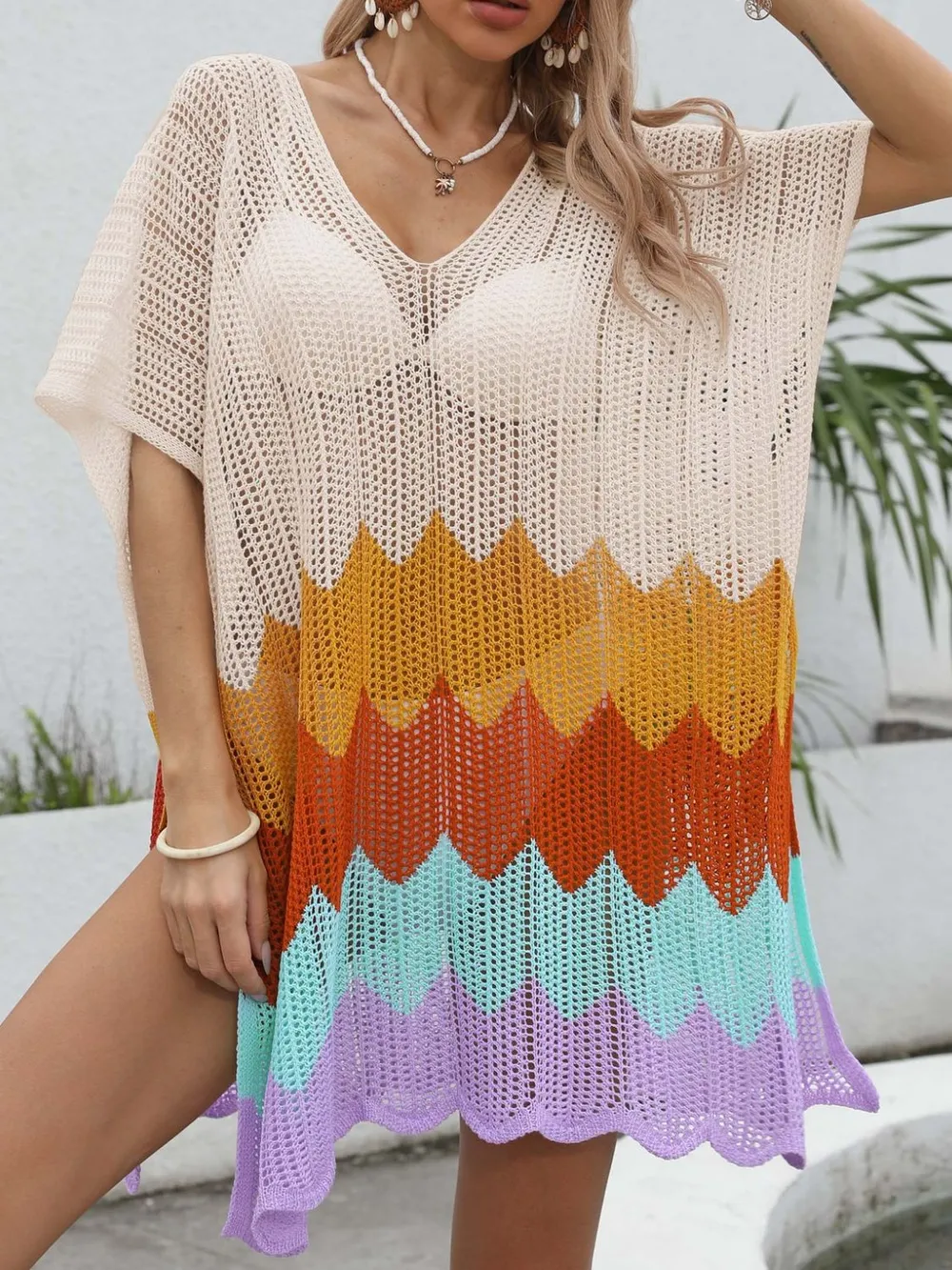 Openwork V-Neck Half Sleeve Cover-Up, image 3