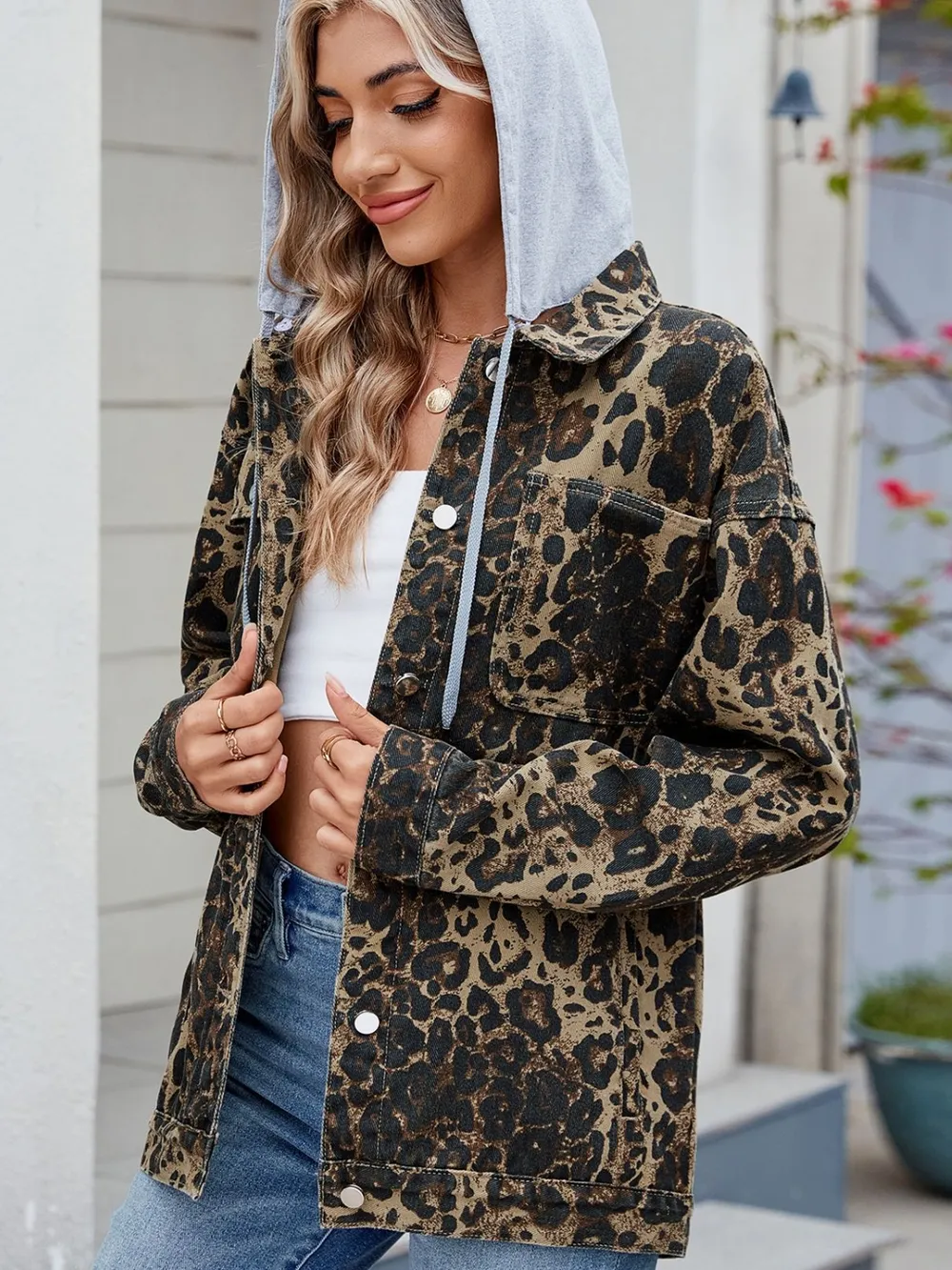 Pocketed Leopard Long Sleeve Denim Jacket, image 6