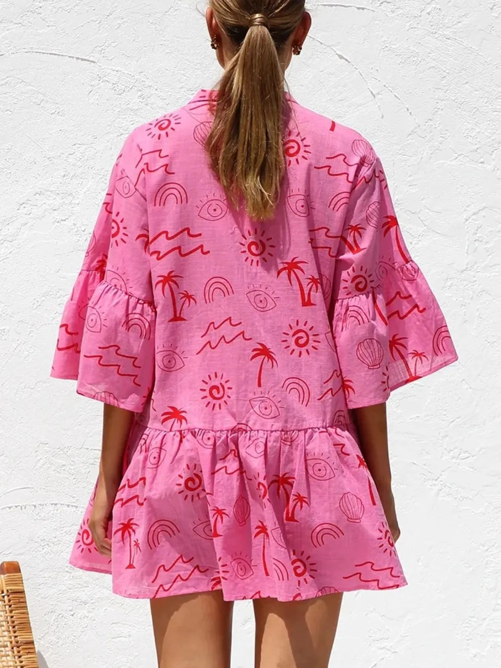 Button Detail Ruffled Hem Printed Mini Dress, image 7