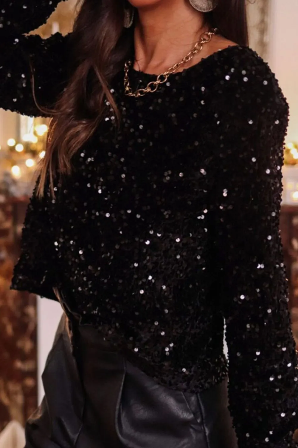 Sequin Round Neck Long Sleeve Blouse, image 11