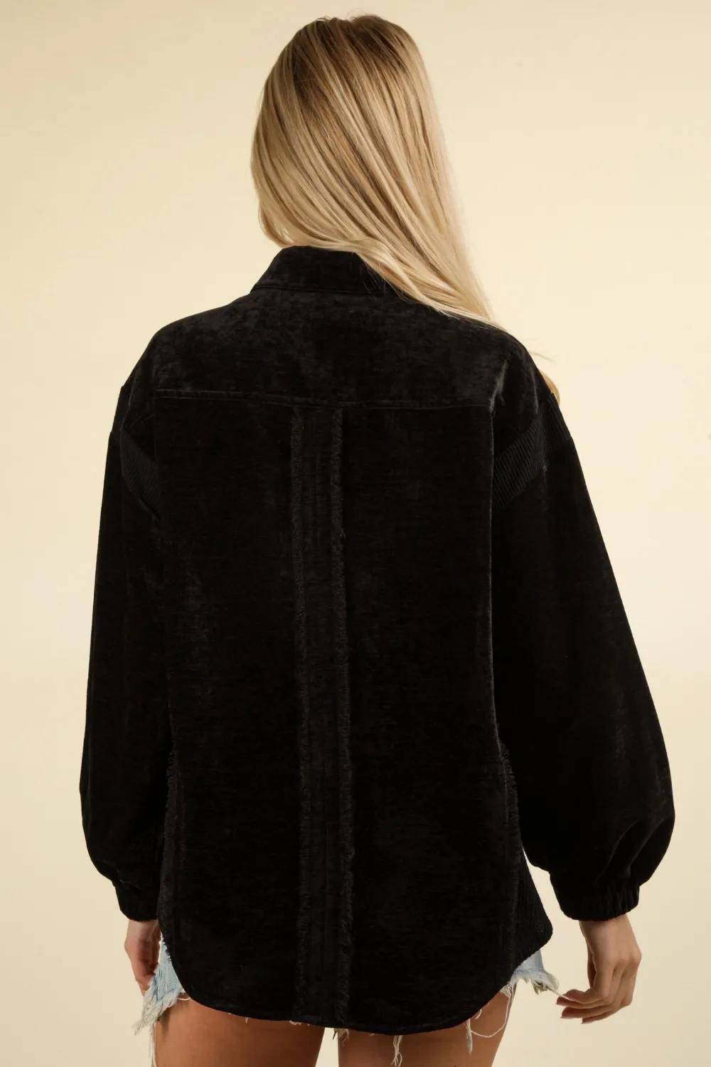 Mixed Media Button Down Raw Hem Shacket, image 2