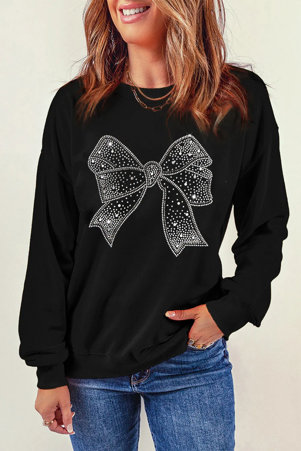 Rhinestone Bow Round Neck Long Sleeve Sweatshirt, image 4