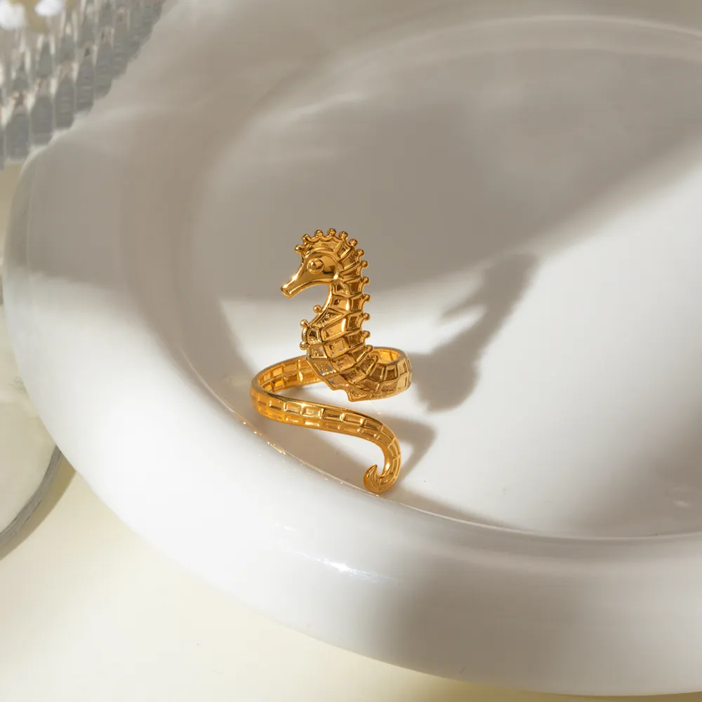 18K Gold-Plated Seahorse Wrap Adjustable Ring, image 4