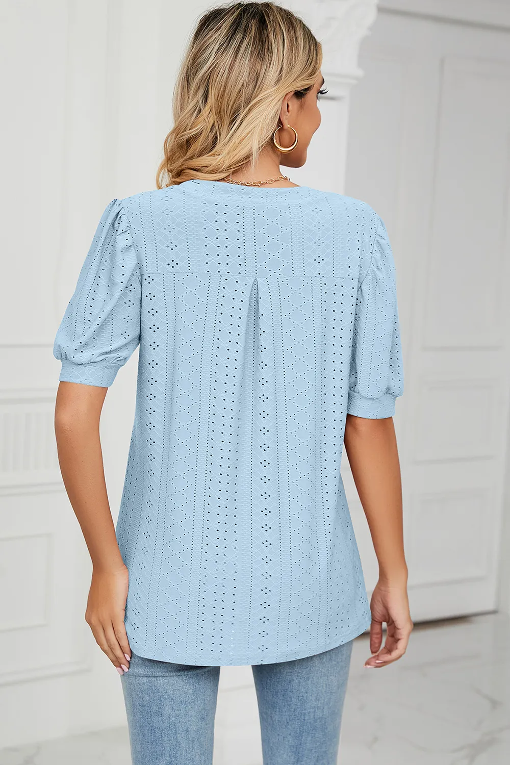 Eyelet Notched Short Sleeve T-Shirt, image 33
