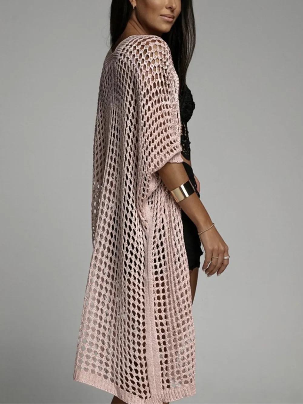 Openwork Open Front Three-Quarter Sleeve Cover Up, image 14