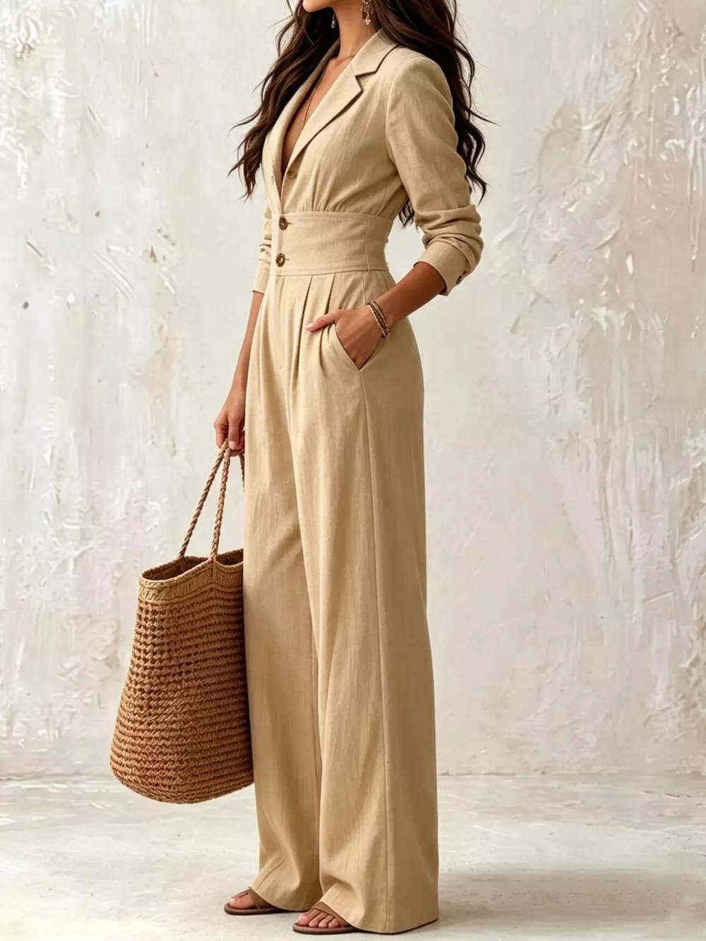 Lapel Collar Button Front Wide-Leg Jumpsuit, image 3
