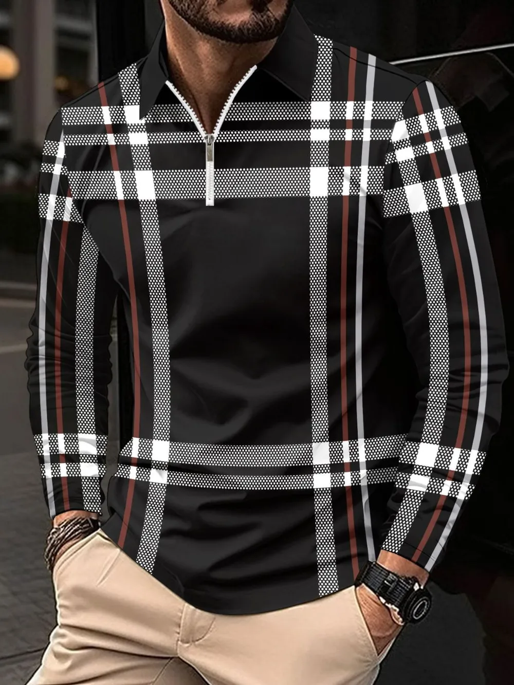 Men's Full Size Plaid Zip Collar Long Sleeve Polo Plus Size, image 5