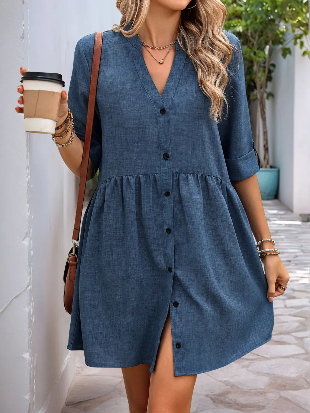 Button Down Notched Half Sleeve Mini Shirt Dress, image 5
