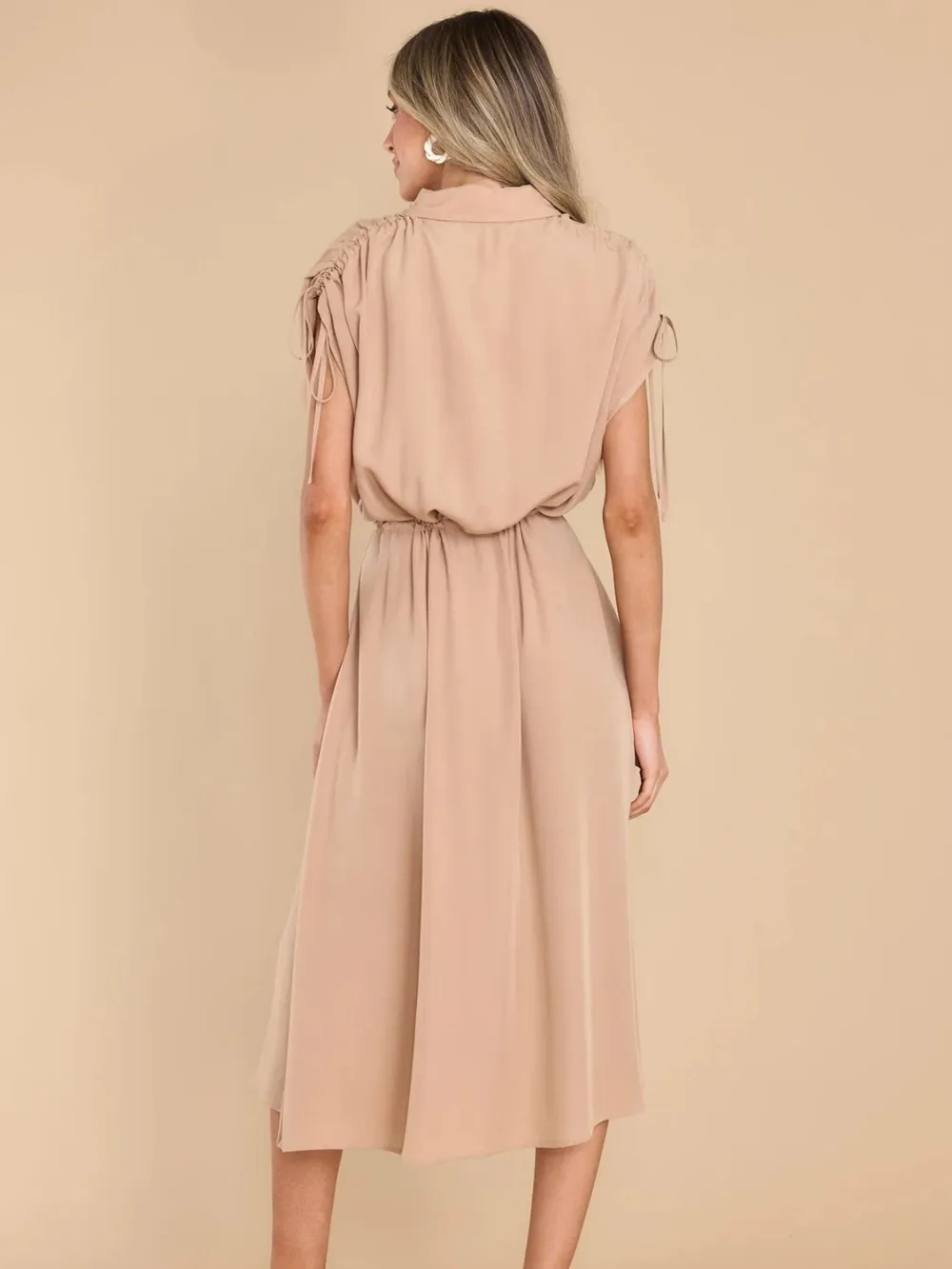 Drawstring Collared Neck Short Sleeve Midi Dress, image 2