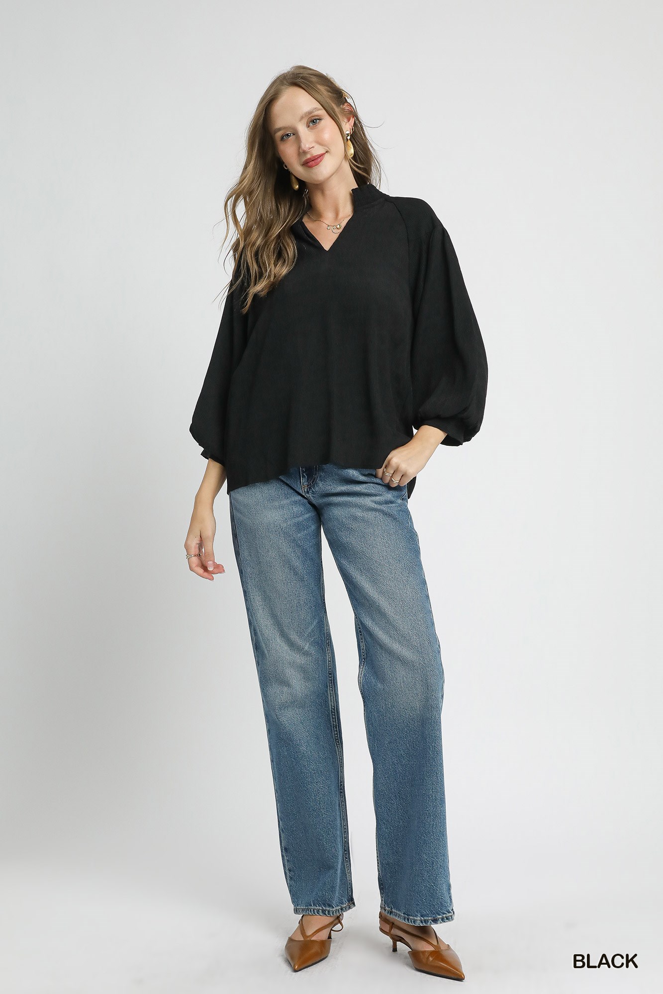 Textured V-Neck Blouse with Balloon Sleeves, image 4