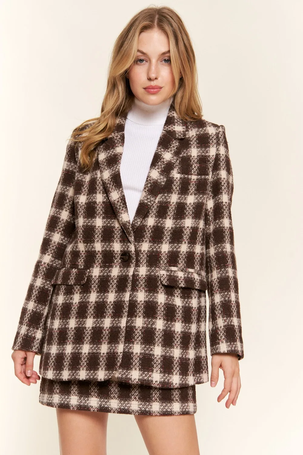 Full Size Plaid Brushed One Button Blazer, image 5