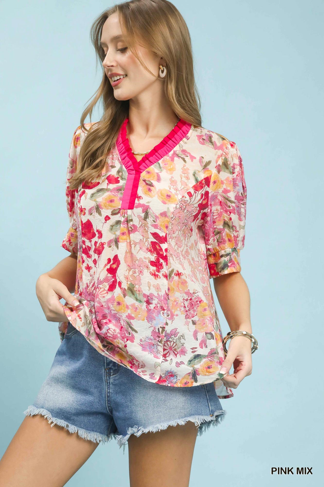 Floral Contrast Pleat Neck Top, image 5