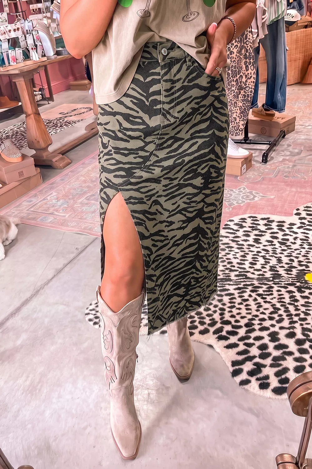 Animal Print Side Split Frayed Hem Denim Midi Skirt, image 3