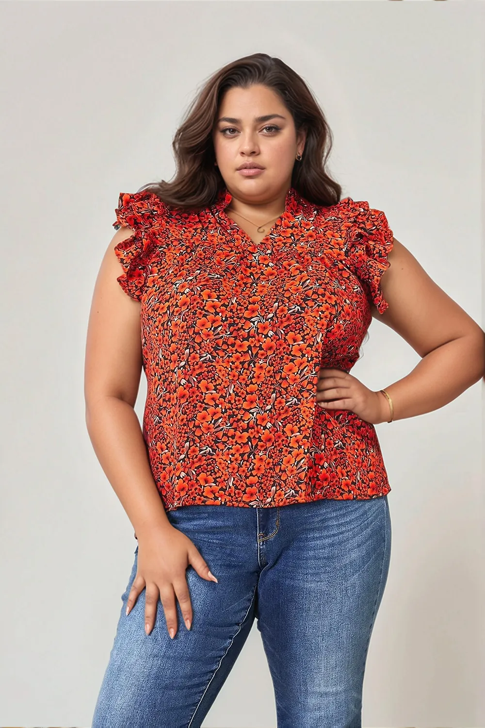 Floral Flutter Sleeve Notched Neck Blouse