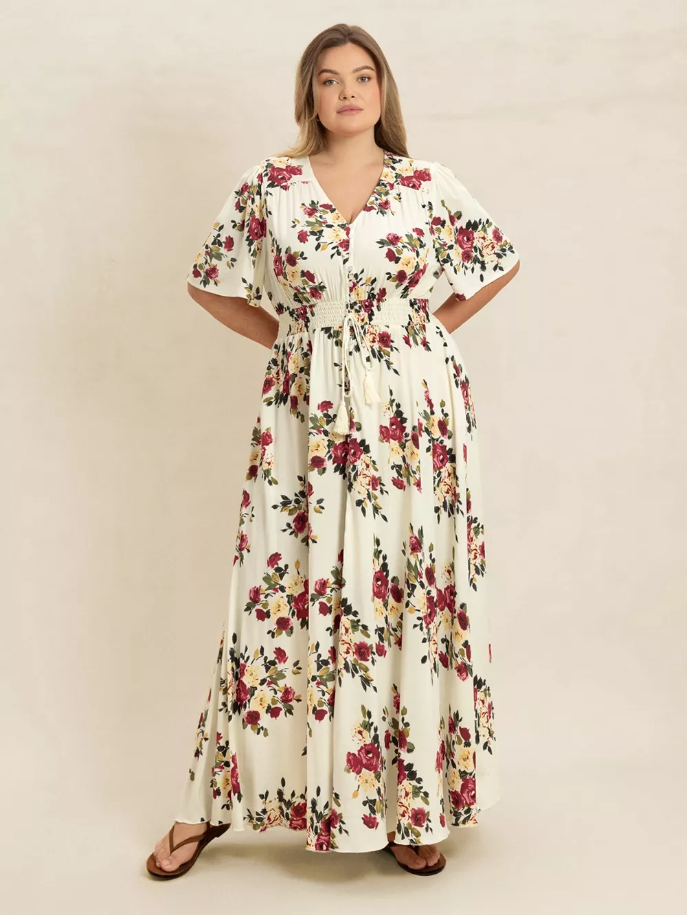 Plus Size Floral Flutter Sleeve Maxi Dress with Button Front