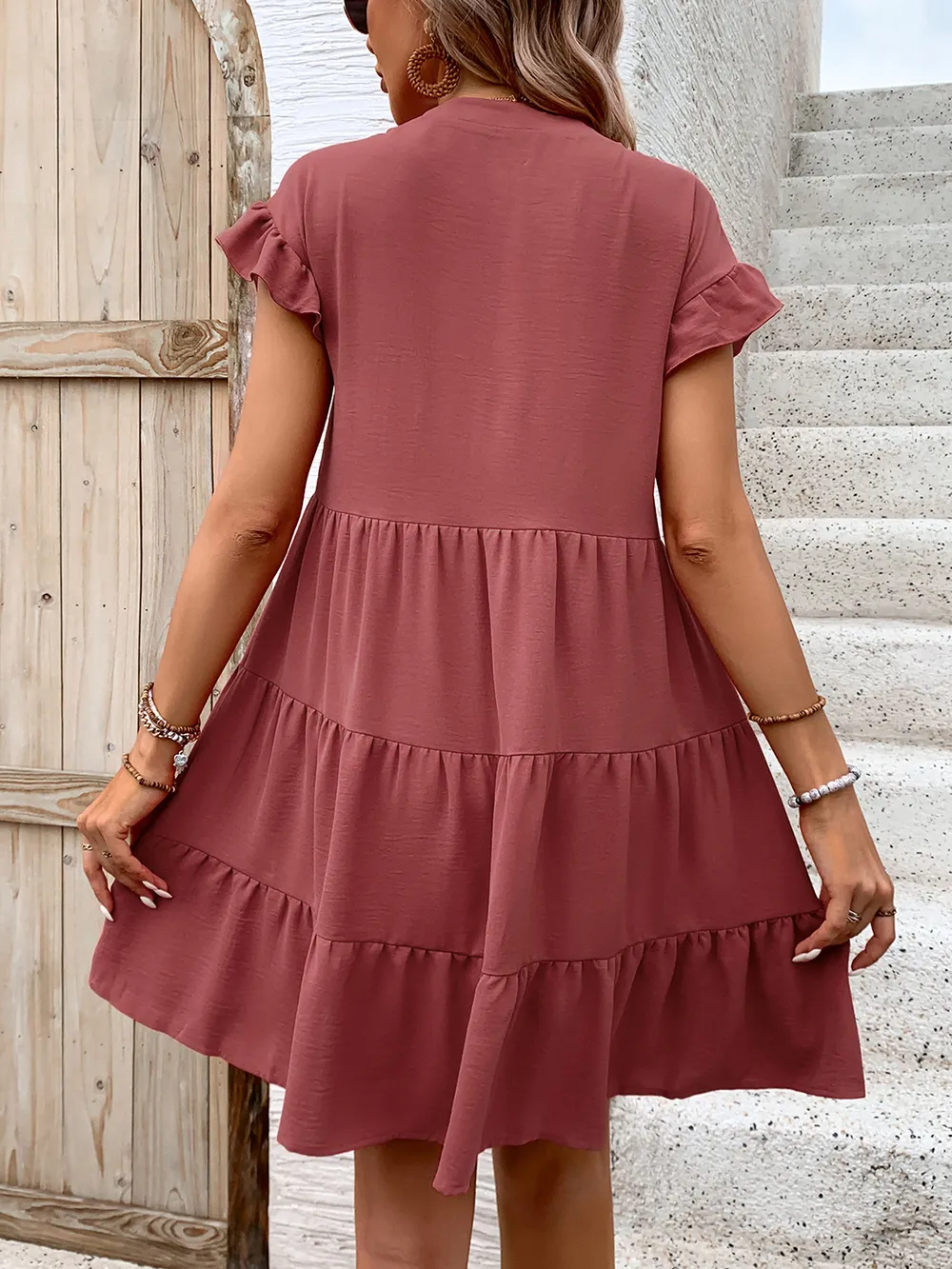 Tiered Notched Flounce Sleeve Mini Dress, image 6