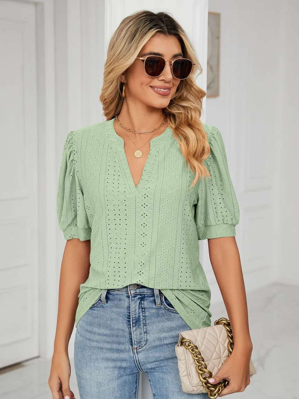 Eyelet Notched Short Sleeve T-Shirt, image 21
