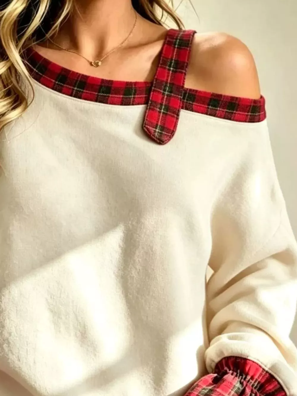 Full Size Cold-Shoulder Plaid Patchwork Long Sleeve Top Plus Size, image 4