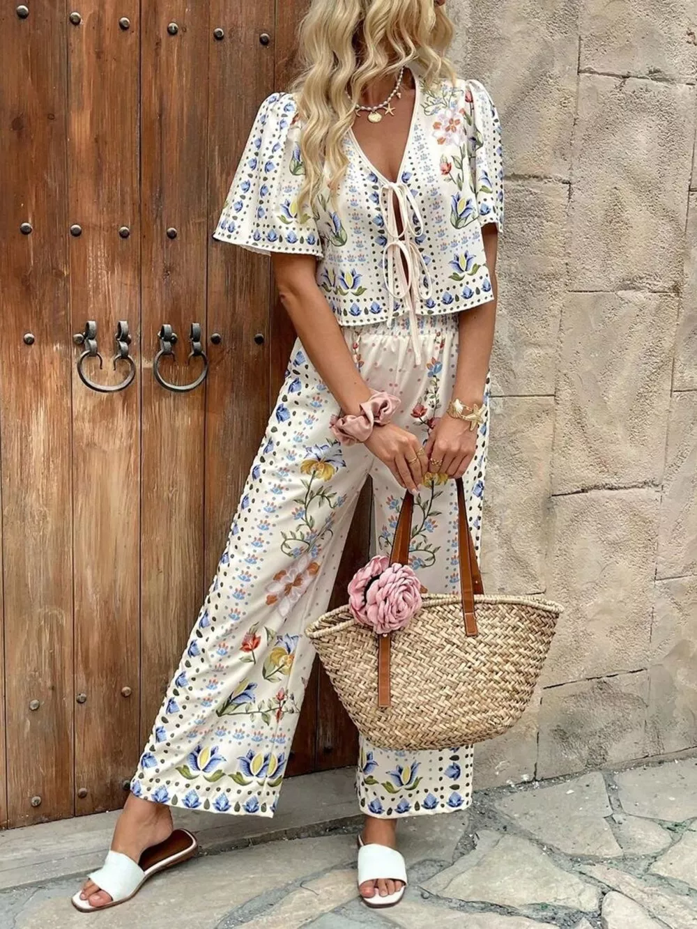 Floral Print Tie-Front Top and Pants Set, image 6