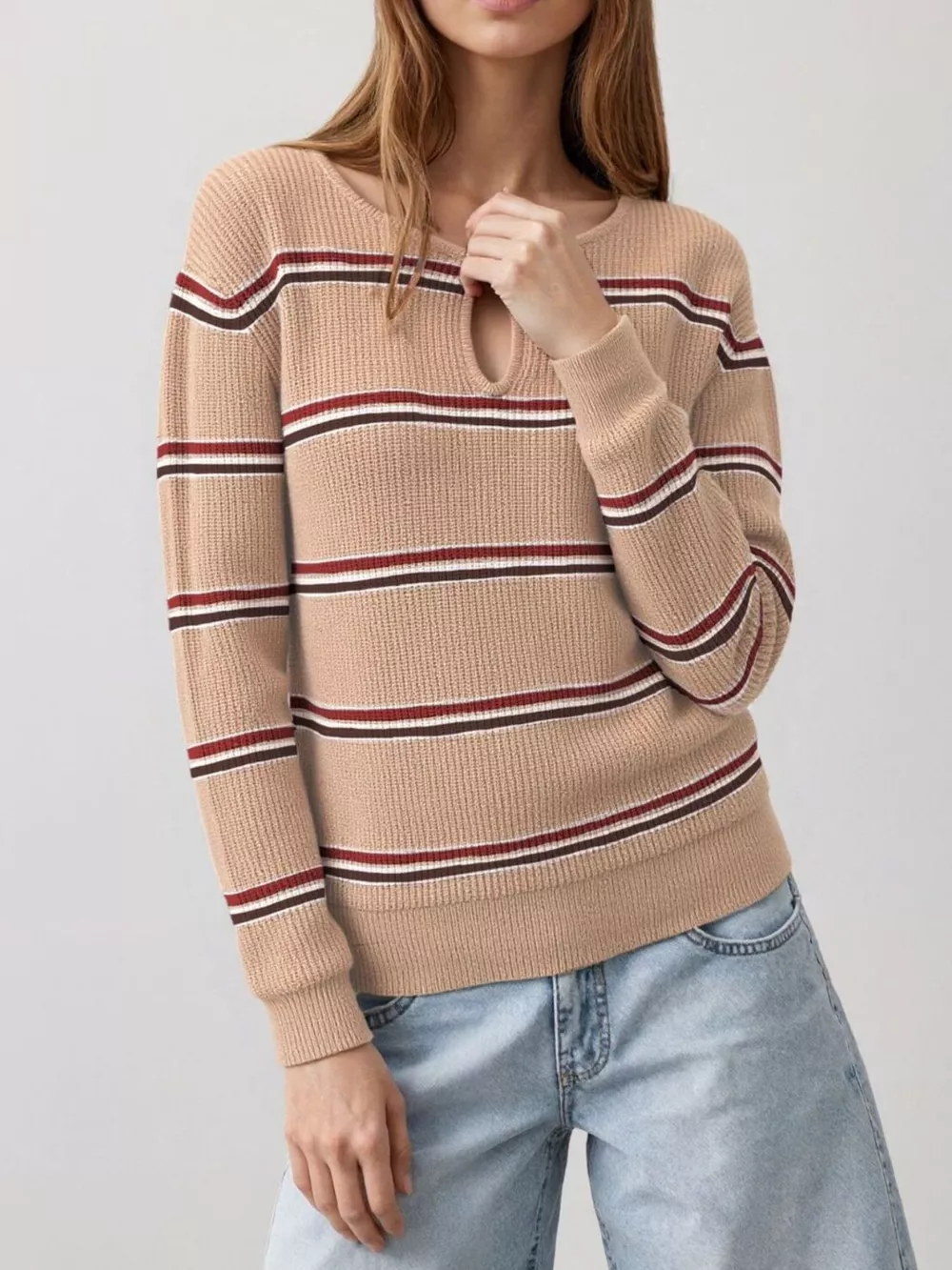 Striped Ribbed Knit Top with Keyhole Neckline, image 5