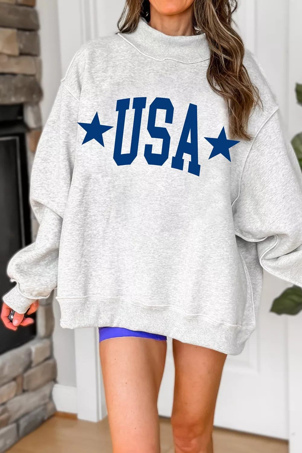 Mock Neck USA Slogan Graphic Sweatshirt, image 4