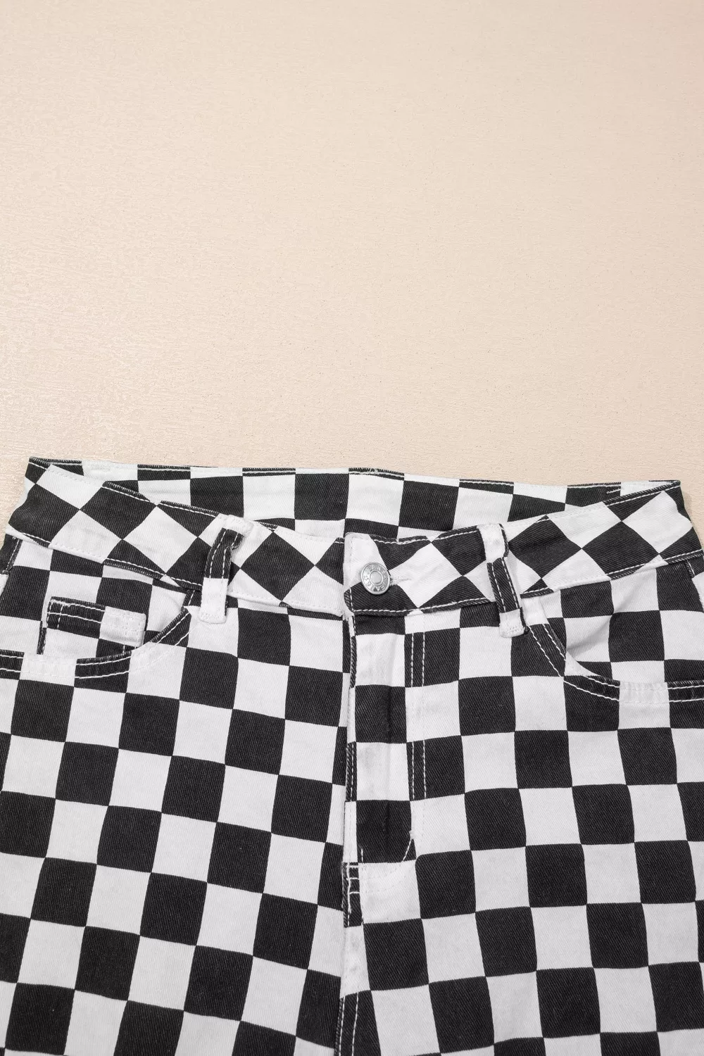 Checkerboard Print Distressed Holes Raw Edge Cropped Jeans, image 6