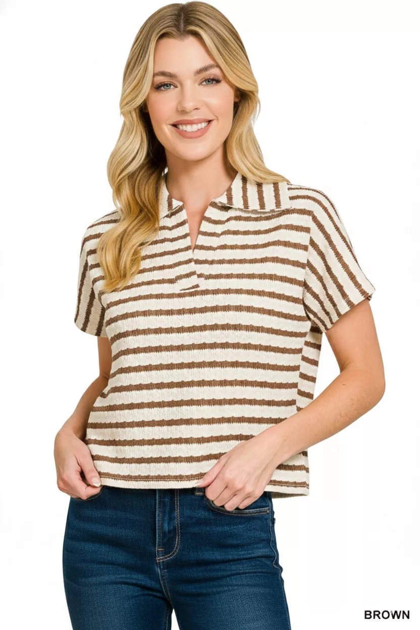 Striped Split Neck Collared Top, image 3