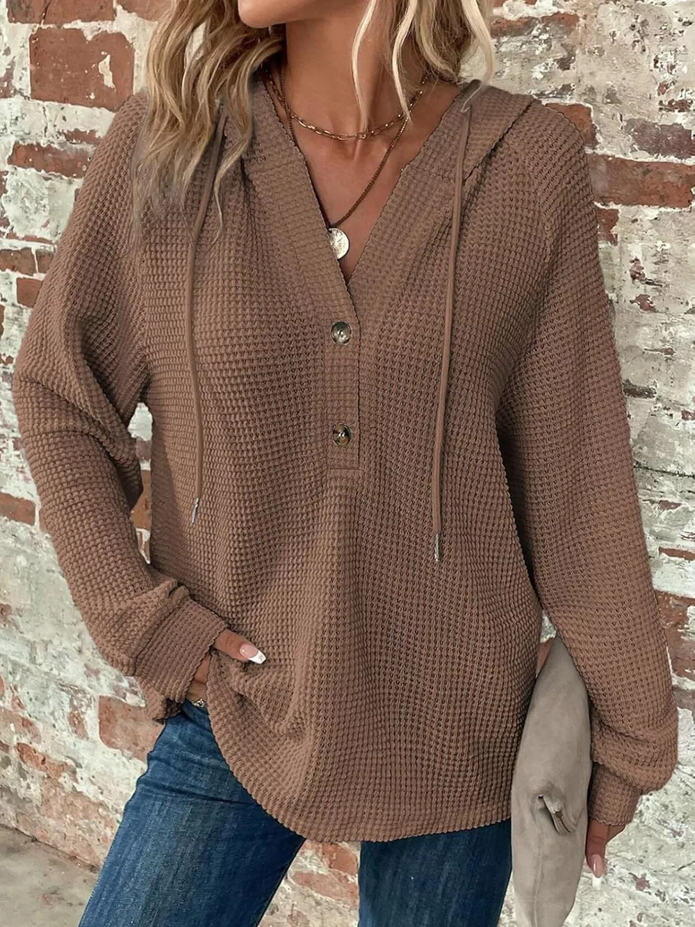 Waffle Knit Long Sleeve Drawstring Hooded Top, image 9