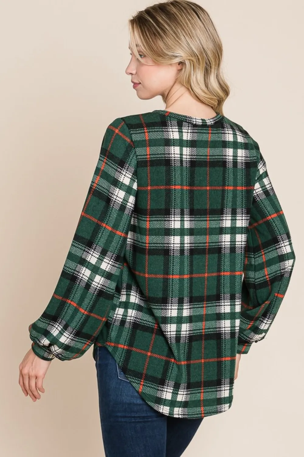 Curved Hem Plaid Round Neck Long Sleeve Top, image 3