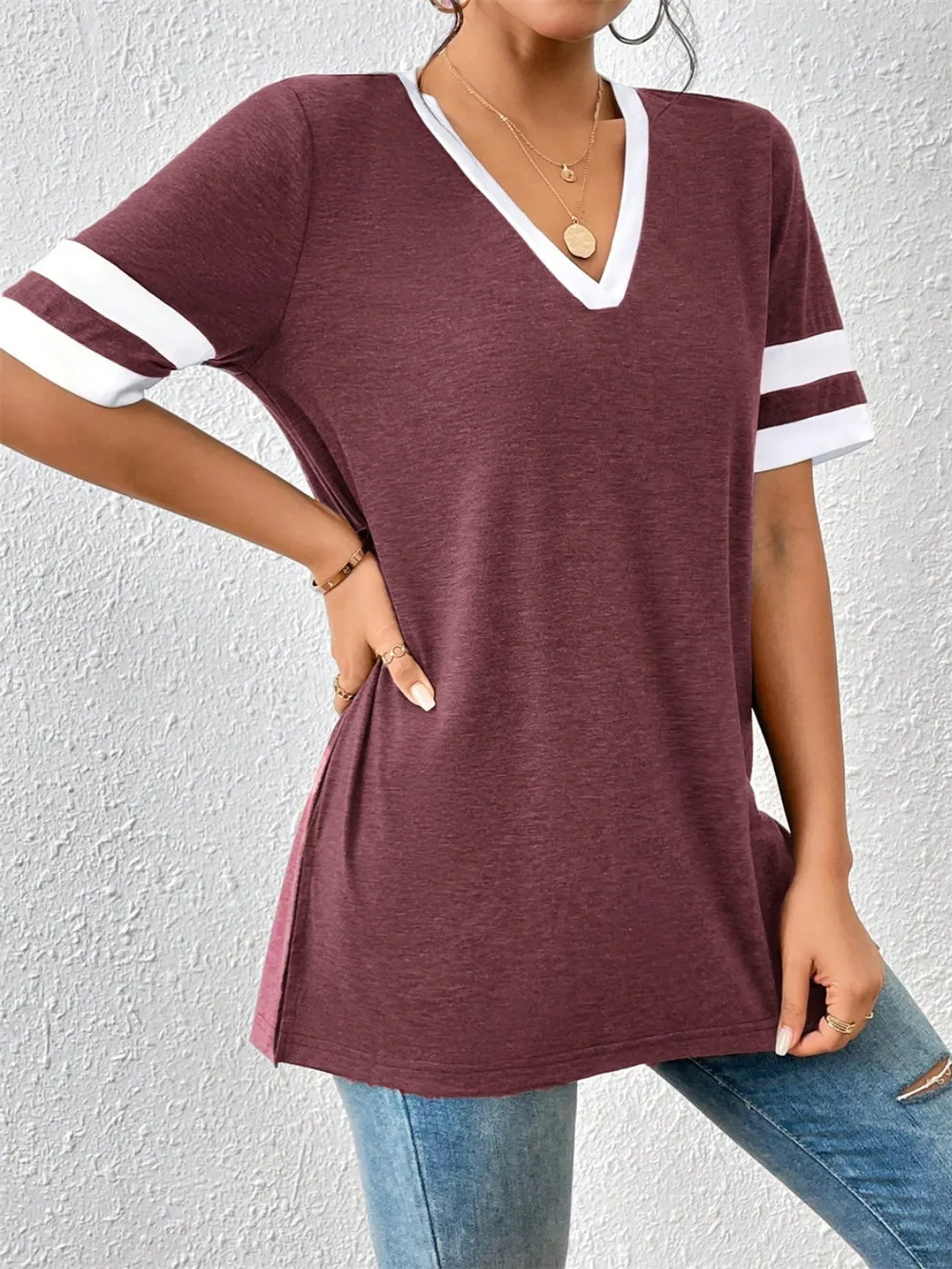 Contrast Trim V-Neck Short Sleeve T-Shirt, image 3