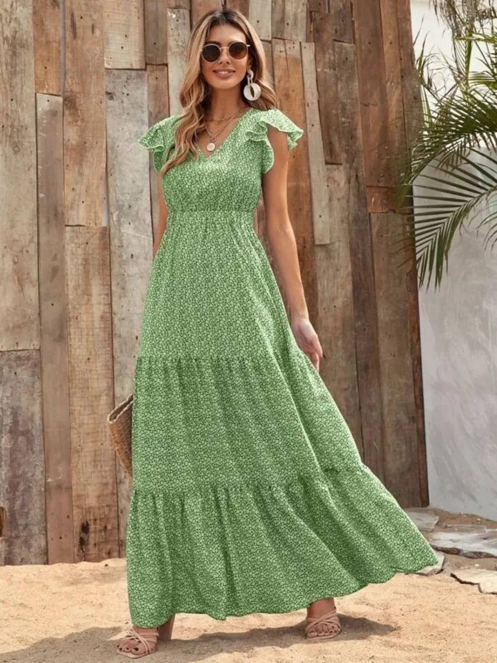 Printed V-Neck Ruffled Cap Sleeve Maxi Dress, image 17