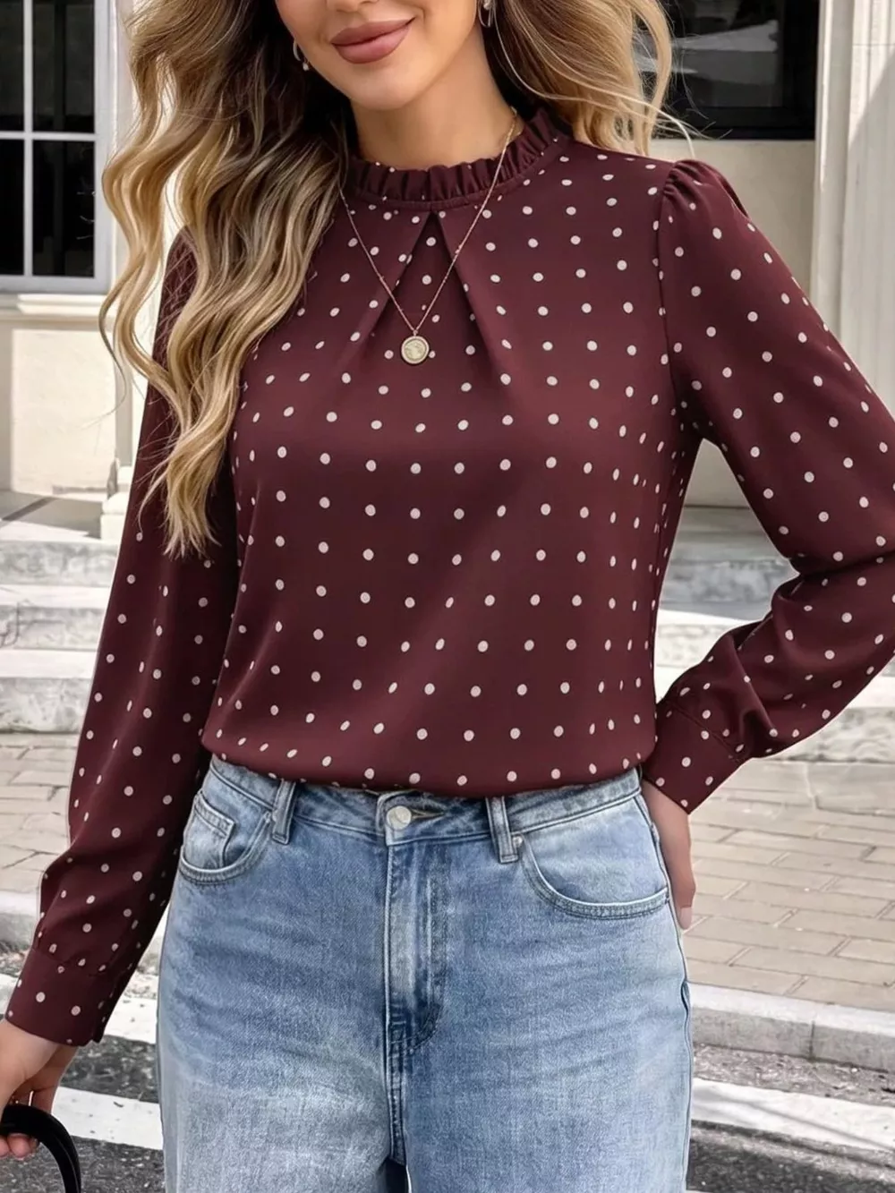Elegant Polka Dot Print Mock Neck Long Sleeve Blouse, image 8