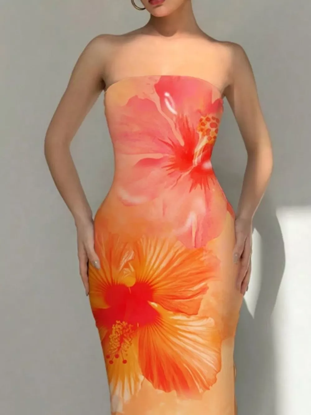 Tropical Flower Print Bodycon Tube Dress, image 2