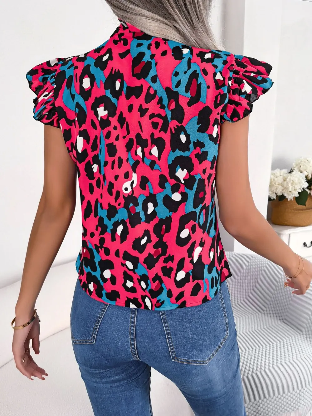 Leopard Tie Neck Cap Sleeve Blouse, image 18