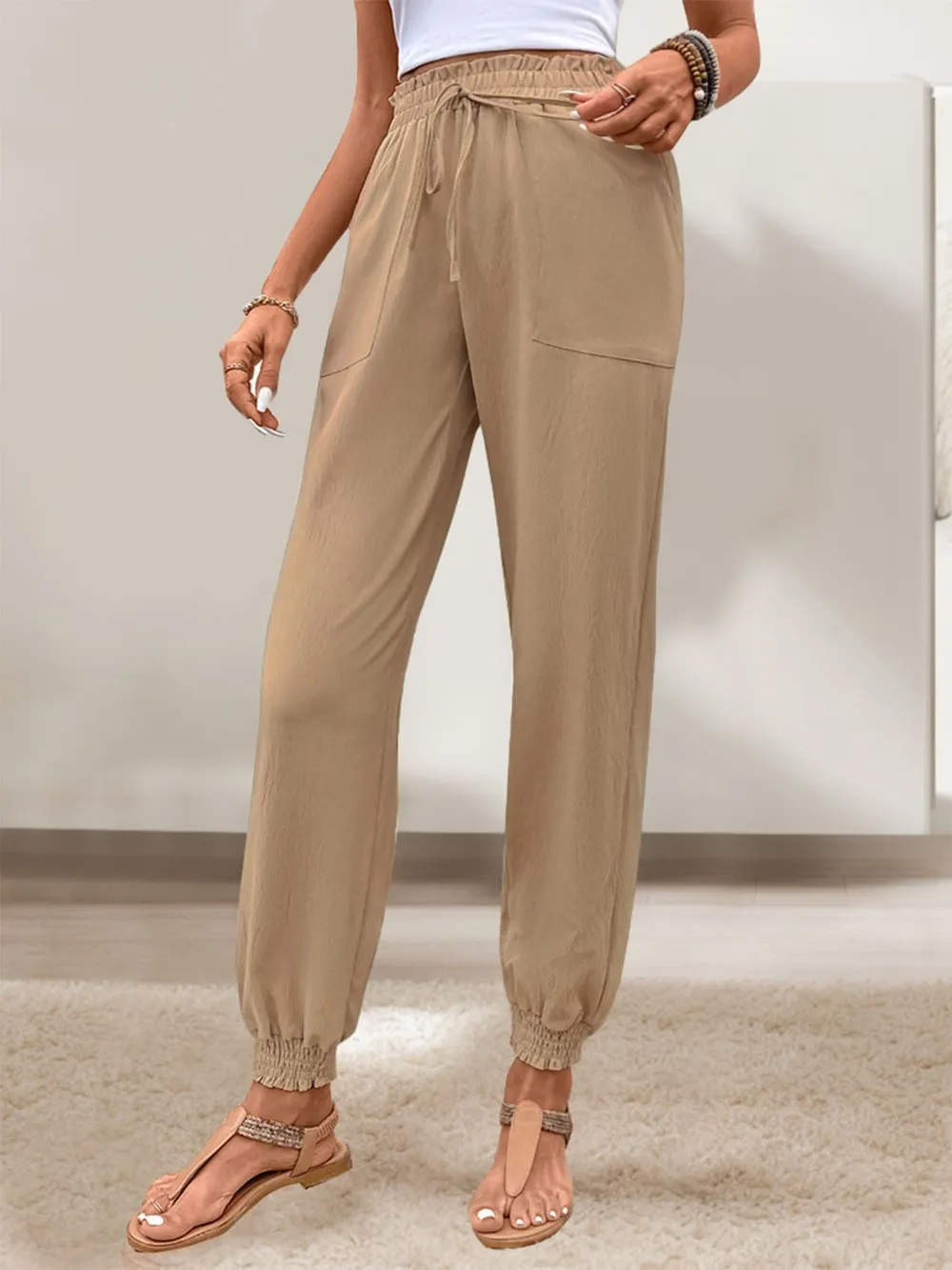Tied Elastic Waist Pants with Pockets, image 5