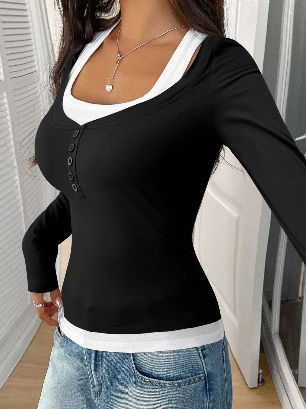 Contrast Long Sleeve Fake Two-Piece T-Shirt, image 9