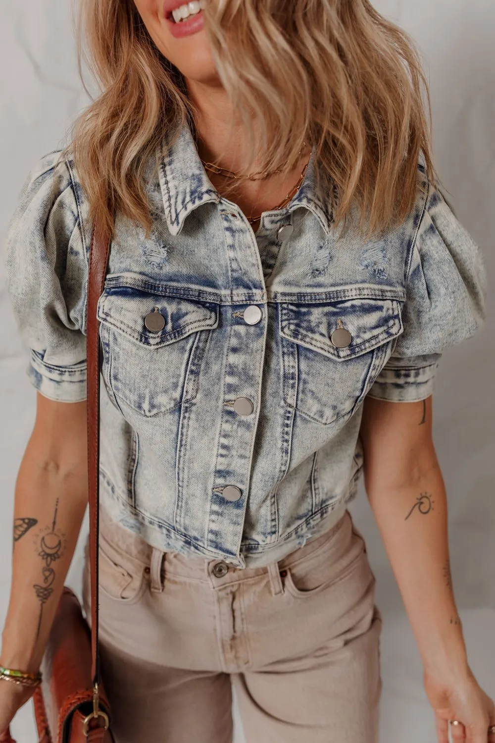 Wash Buttoned Chest Pocket Puff Sleeve Denim Jacket, image 6