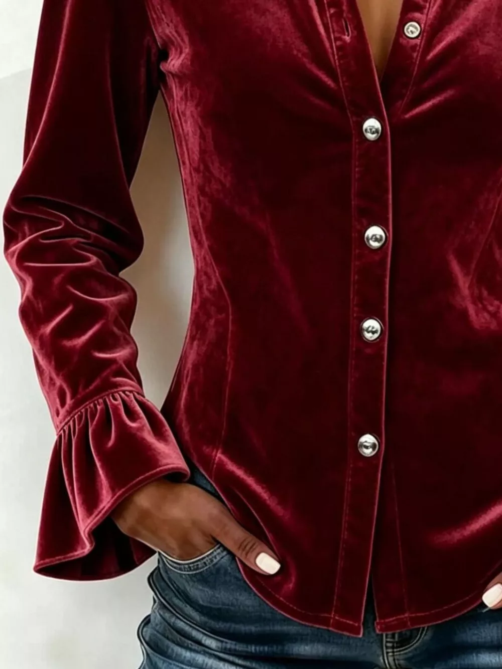 Velvet Button-Down Flounce Sleeve Shirt, image 9