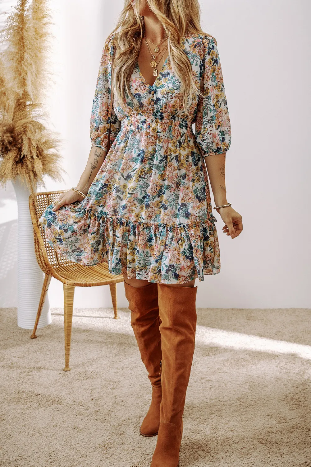 Printed V-Neck Half Sleeve Dress, image 5