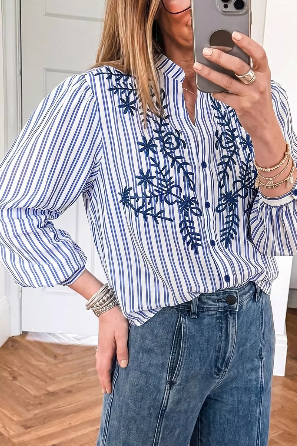 Stripe Embroidered Detail Button Front Long Sleeve Shirt, image 3