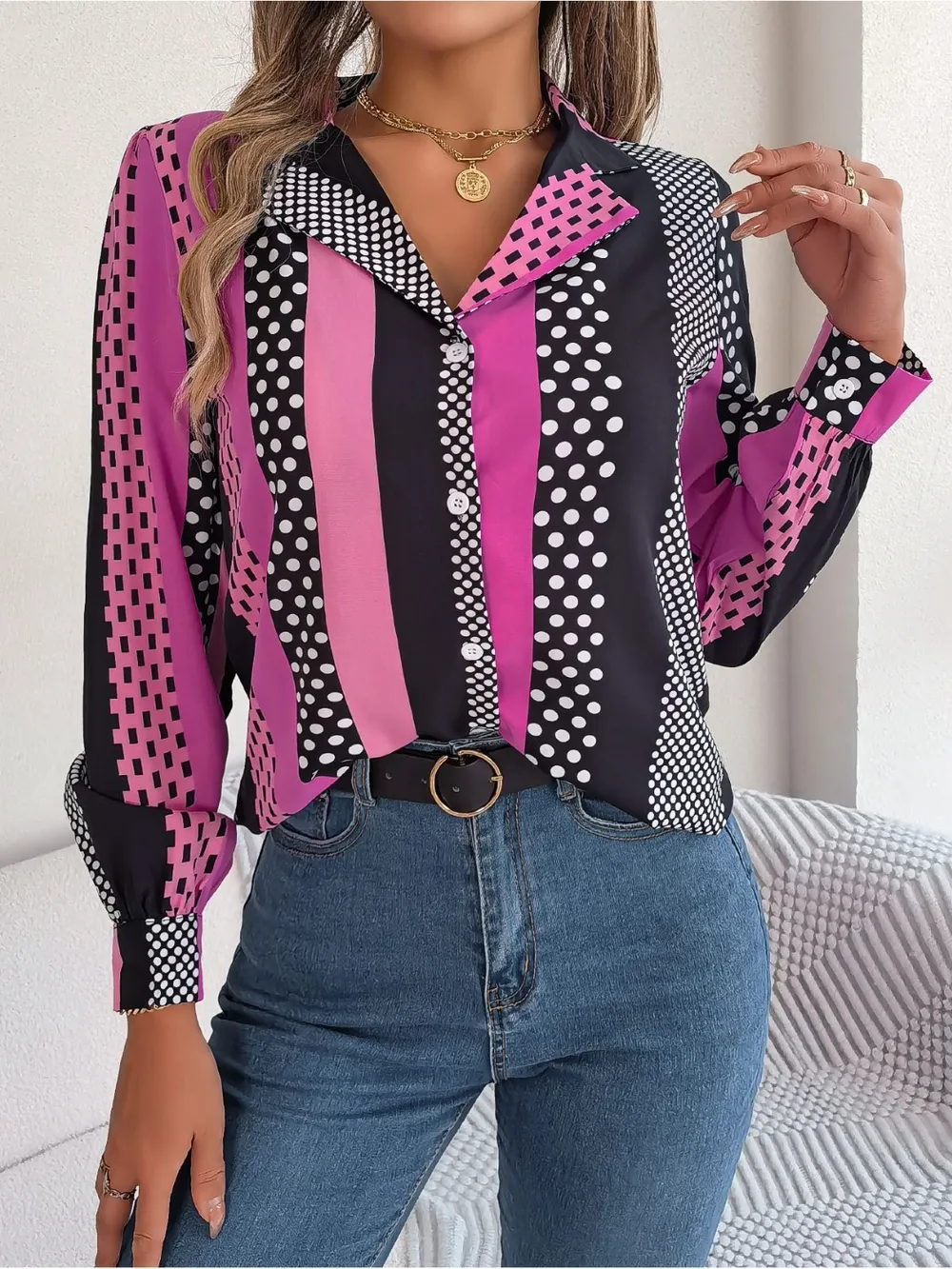Polka Dot Contrast Long Sleeve Shirt, image 13
