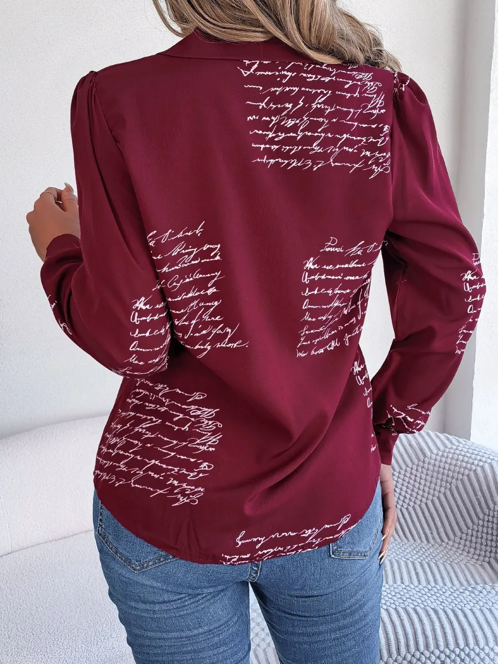 Letter Printed Button Up Long Sleeve Blouse, image 4