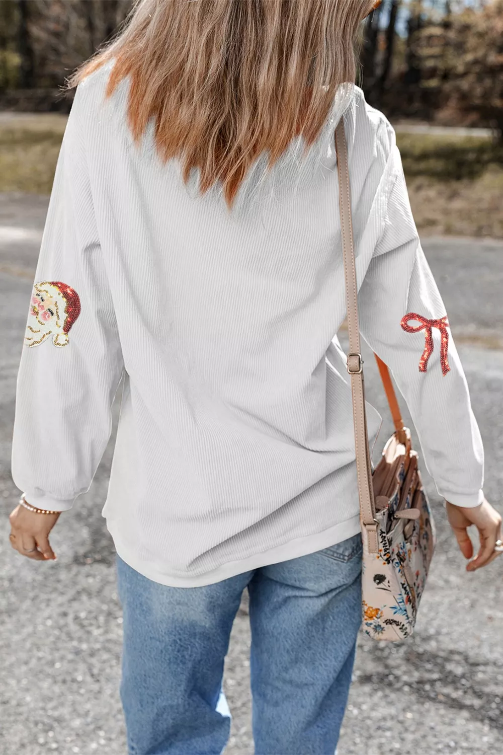 Full Size Corded Rib Sequin Santa Bow Patched Drop Shoulder Sweatshirt Plus Size, image 4