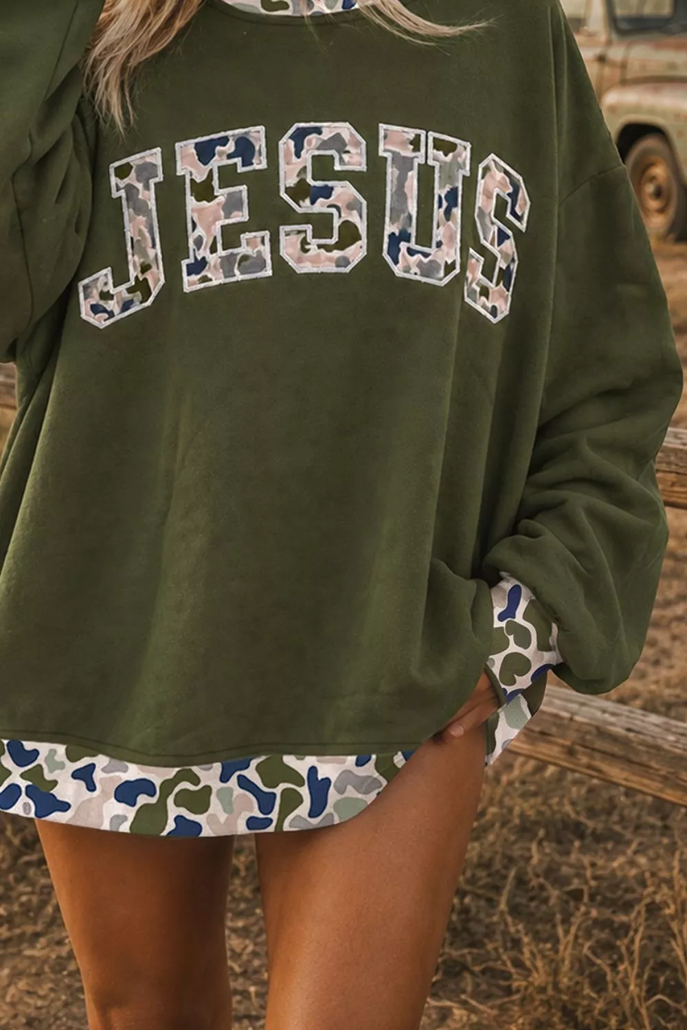 Camo JESUS Graphic Dropped Shoulder Sweatshirt, image 3
