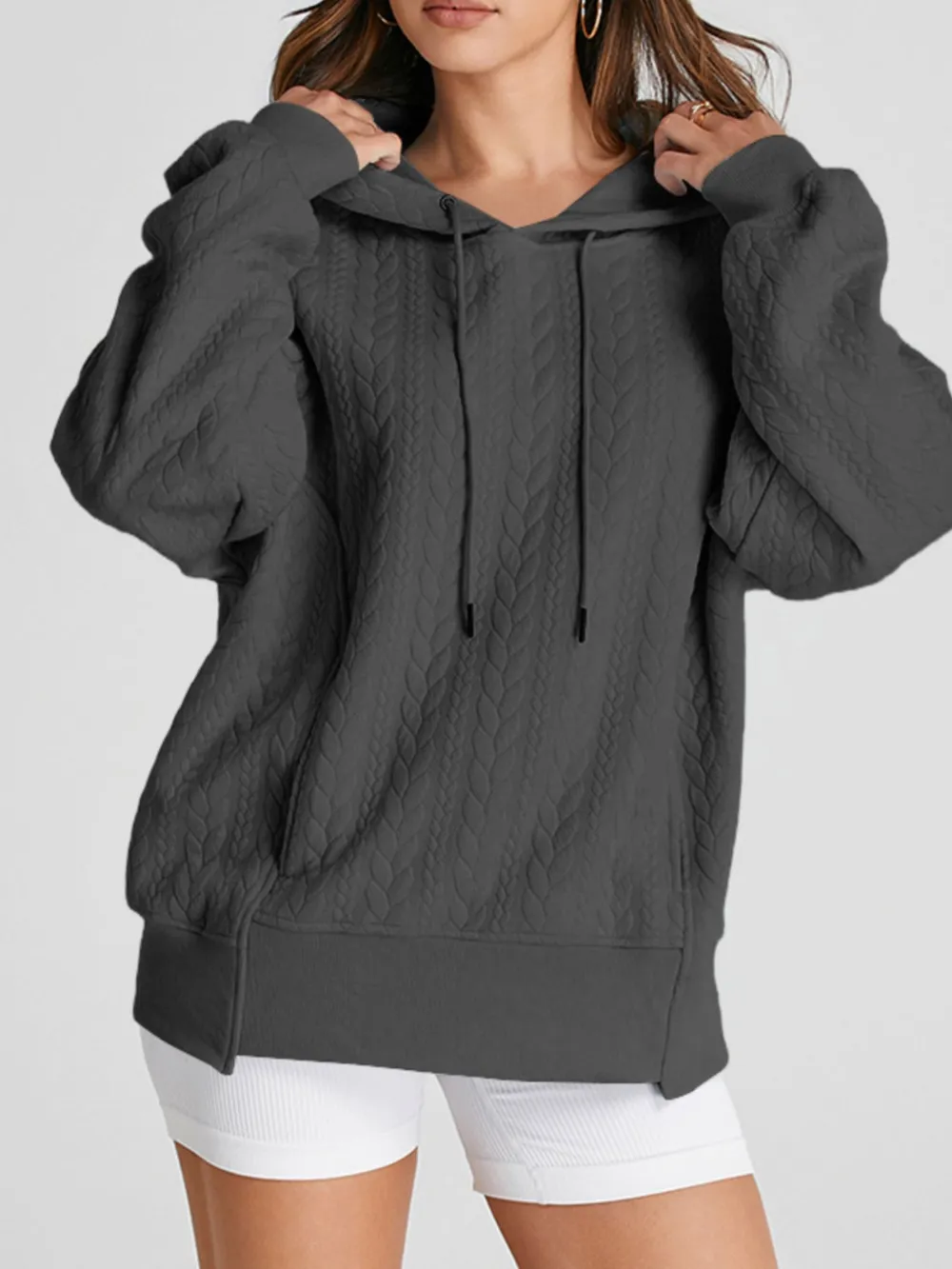 Drawstring Textured Baggy Solid Hoodie, image 7