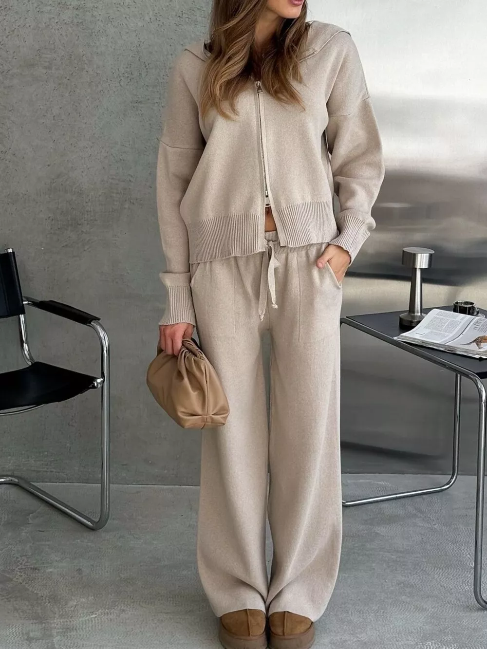 Zip Up Cardigan and Drawstring Wide Leg Pants Knit Set, image 11